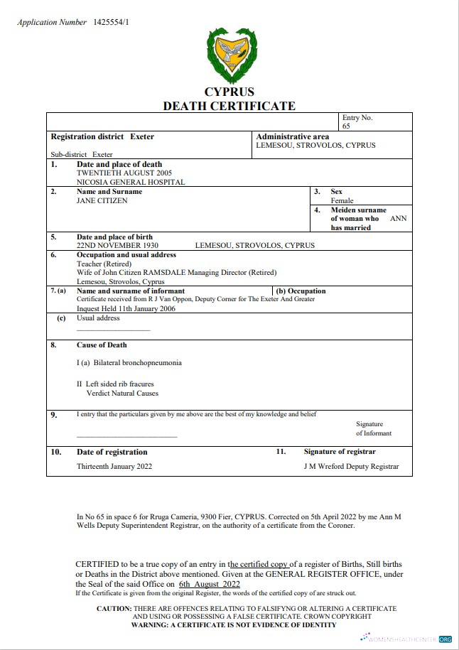 Download Cyprus vital record death certificate Word and PDF template Photoshop template